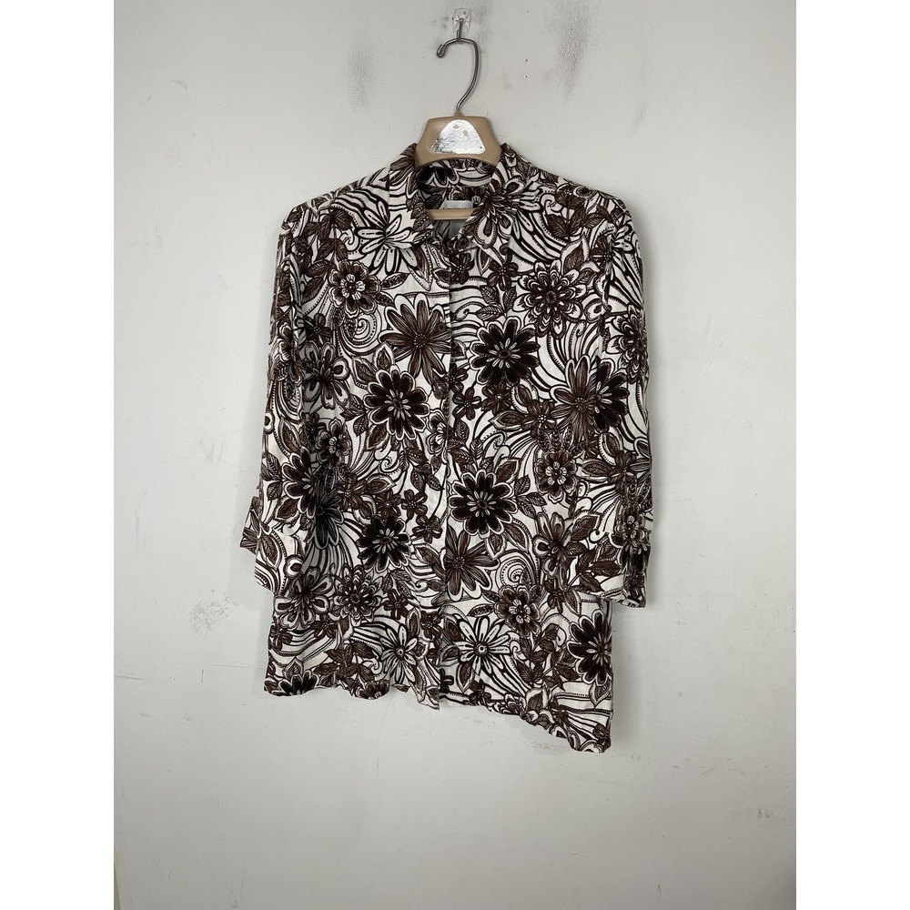 Chico's Womens 3 Sz XL 100% Linen Floral Print Shirt Beachy Coastal Lagenlook